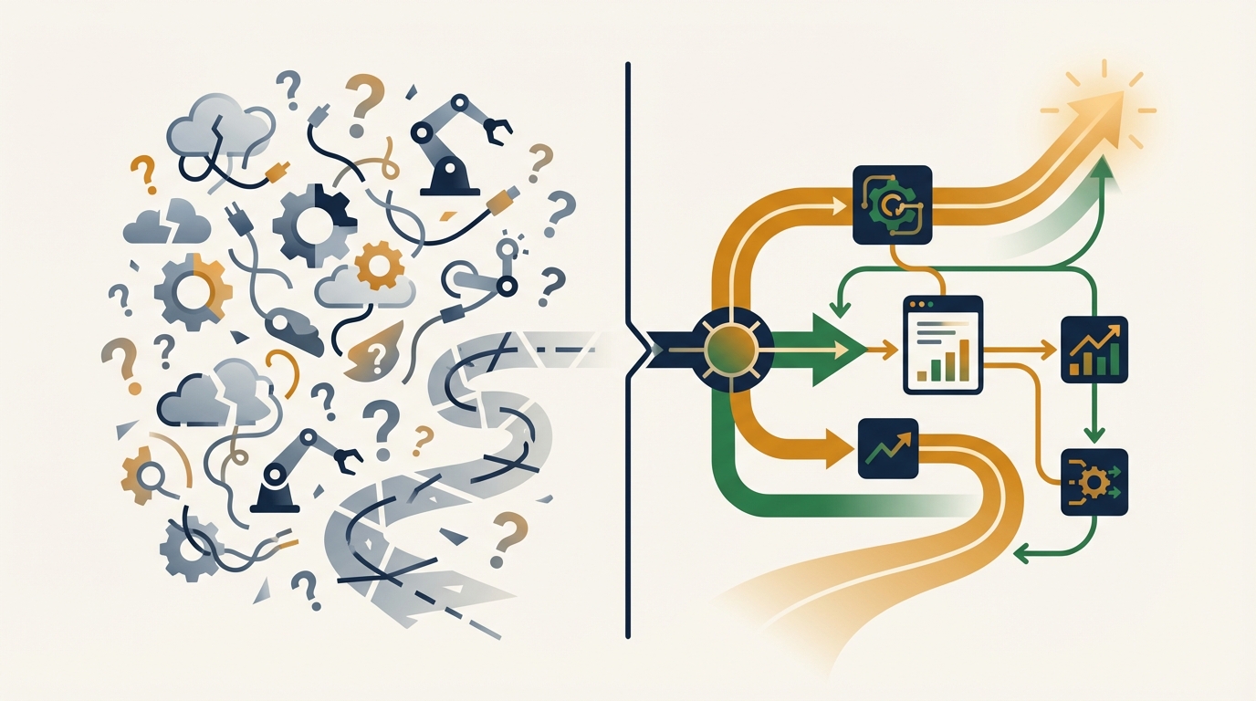 The AI execution gap — scattered tools versus integrated workflows that deliver results