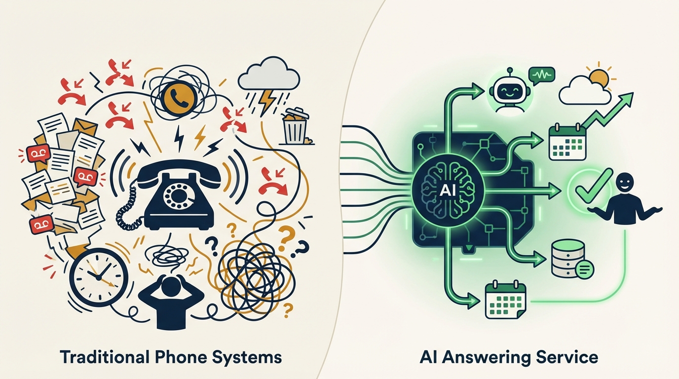 Traditional phone systems create chaos with missed calls and voicemail, while AI answering services route every call to the right outcome