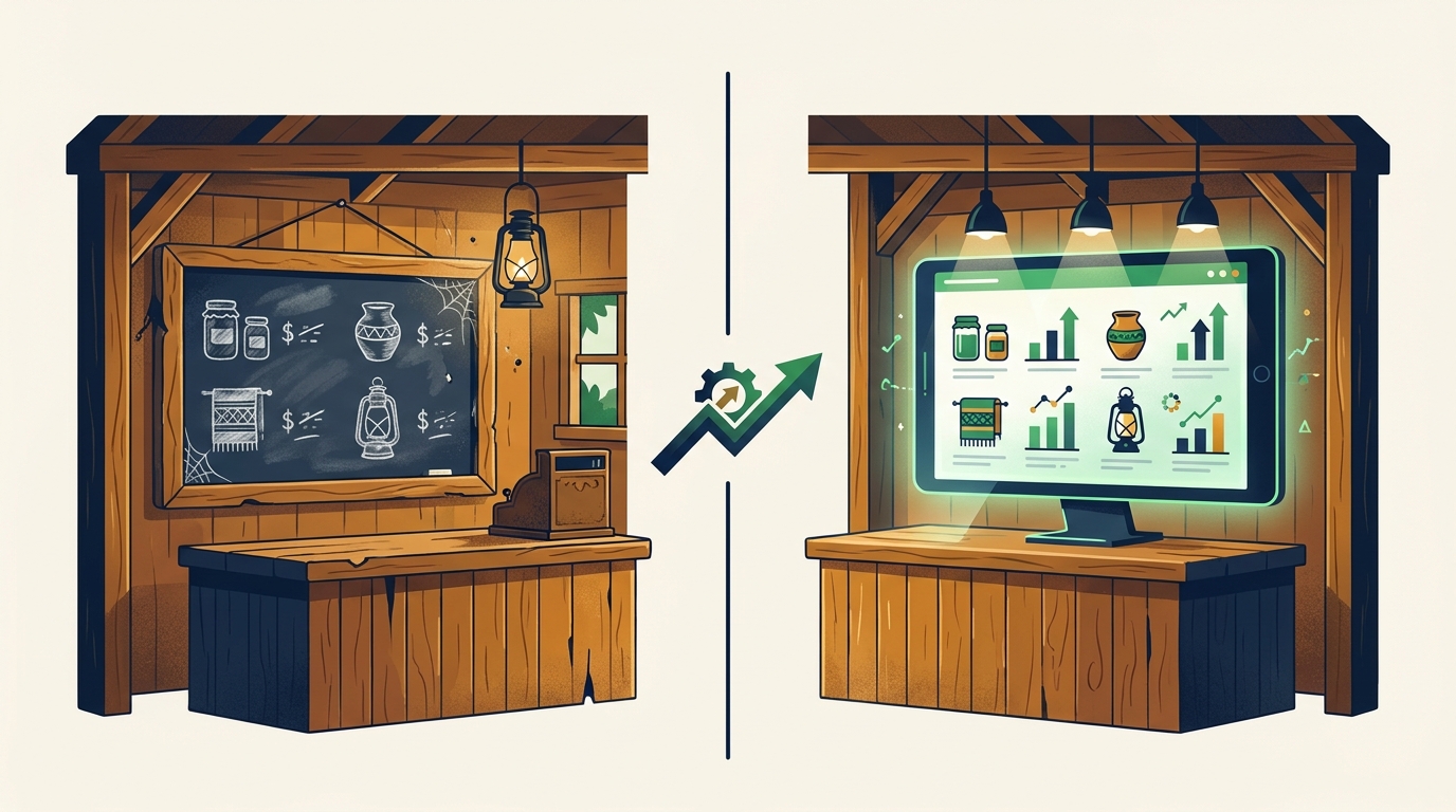 Comparison of static chalkboard pricing versus a live AI pricing dashboard in a small Appalachian retail shop