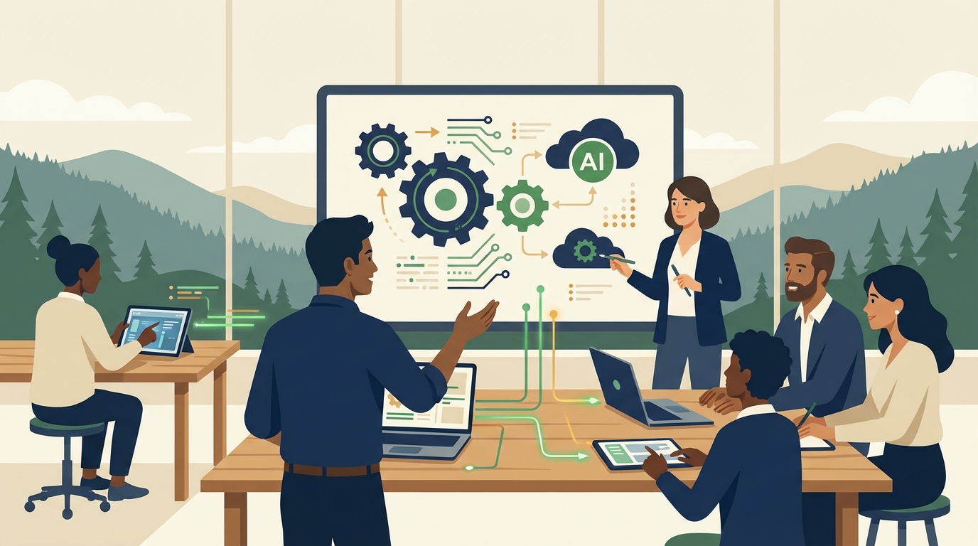 Small business owners in a workshop learning about AI tools with mountain scenery visible through windows