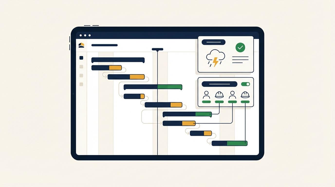 AI-powered construction scheduling dashboard showing real-time project adjustments