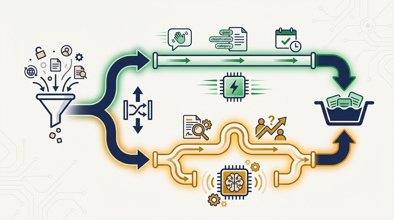 Diagram showing a model router sending high-volume routine AI tasks to a cheap fast model and complex reasoning tasks to a smart slow model