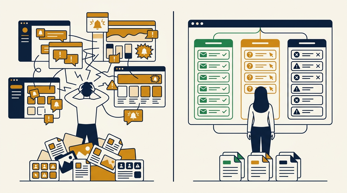 Side-by-side comparison illustration showing the workflow difference between juggling multiple AI agent platforms versus a single unified agent inbox view