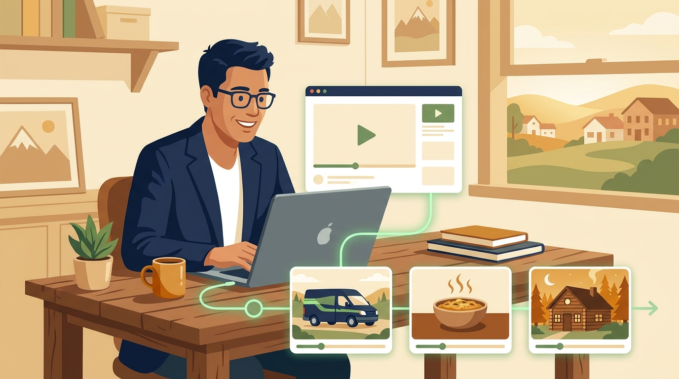 Illustration of a small business owner reviewing AI-generated promotional video clips on a laptop, with a timeline showing a service van, food, and a mountain cabin scene