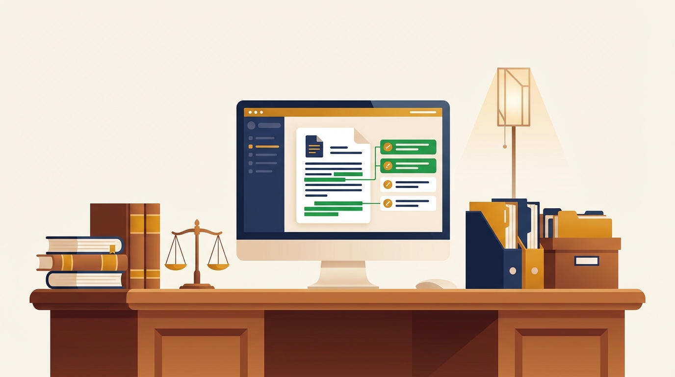 AI assisting with document review on a law firm computer showing highlighted clauses and organized case files