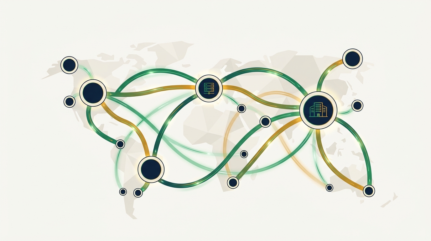 Abstract illustration of a global hyperscaler AI infrastructure network connecting regional data center nodes
