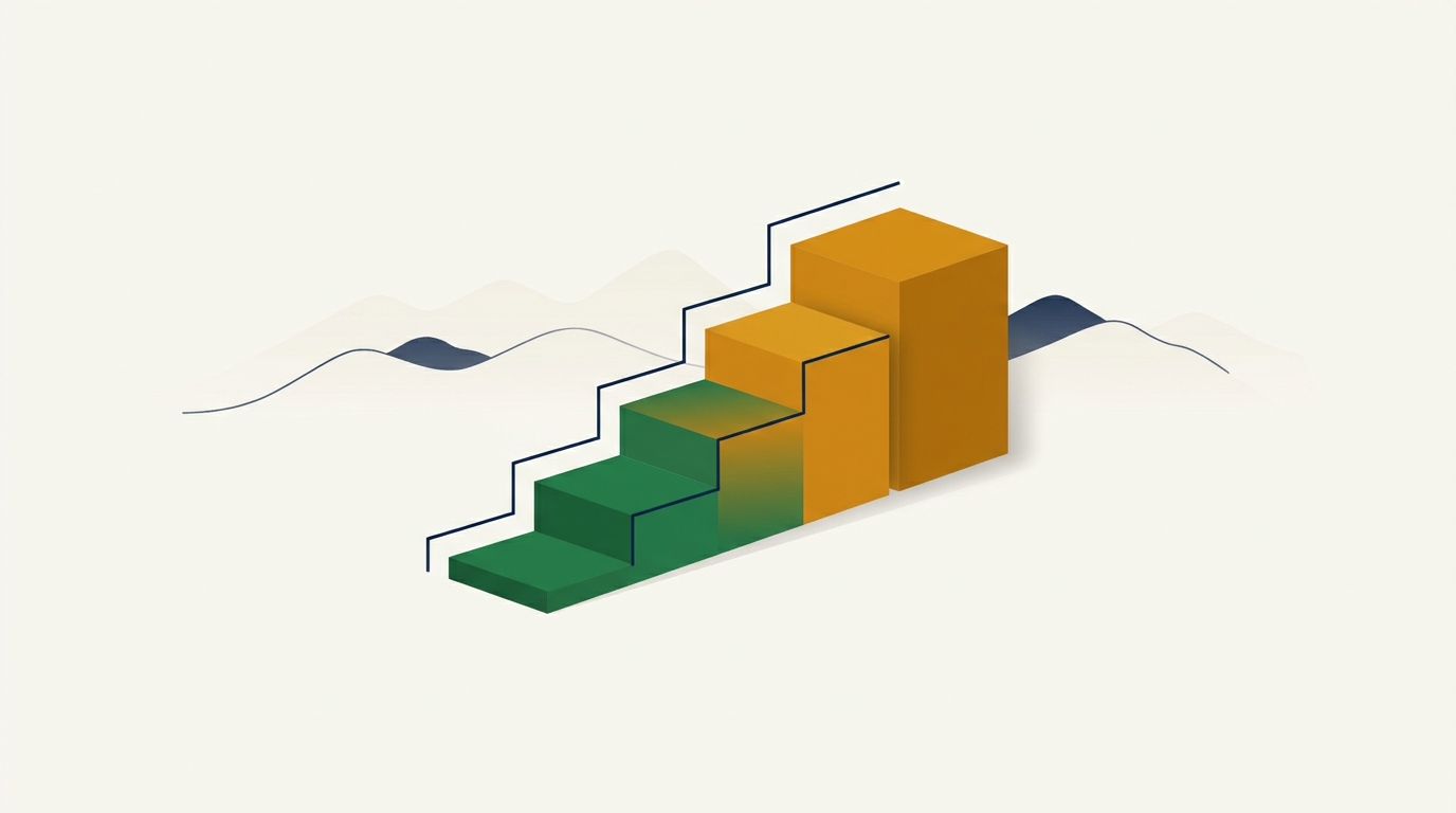 Illustration of a stepped pricing arc rising from low entry tiers to higher premium tiers