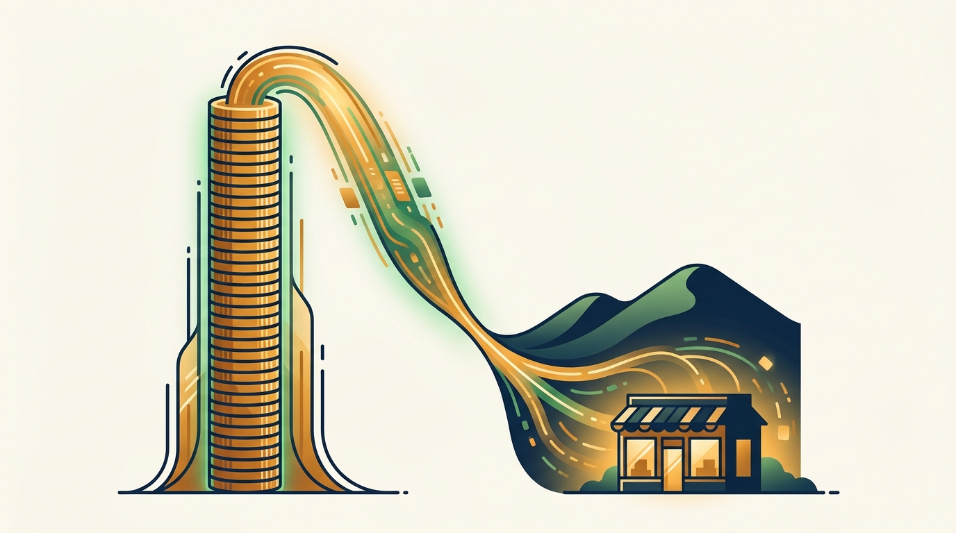 Stylized illustration of stacked billion-dollar coins towering above a small Main Street storefront under an Appalachian ridge, representing concentrated AI venture capital