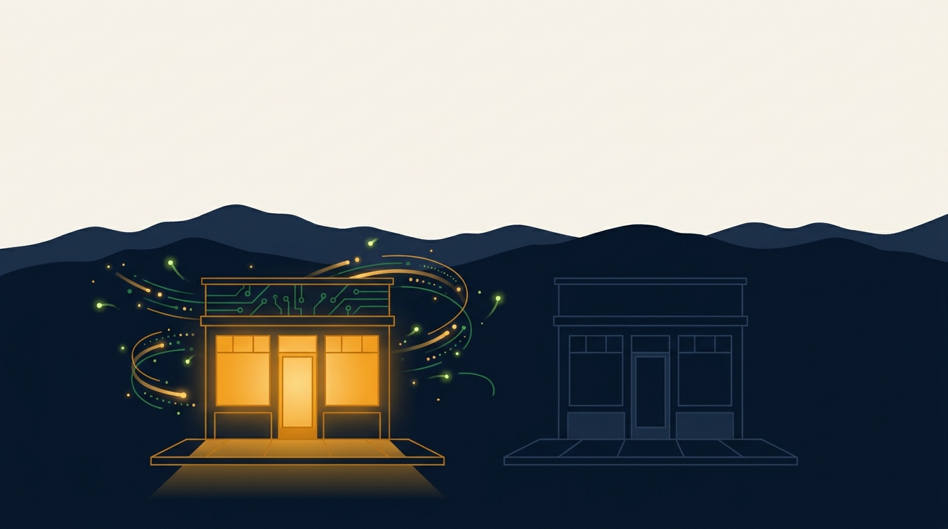 Two Appalachian small business storefronts at dusk, one glowing with AI activity, the other dim and quiet, illustrating the 2026 small business AI adoption gap