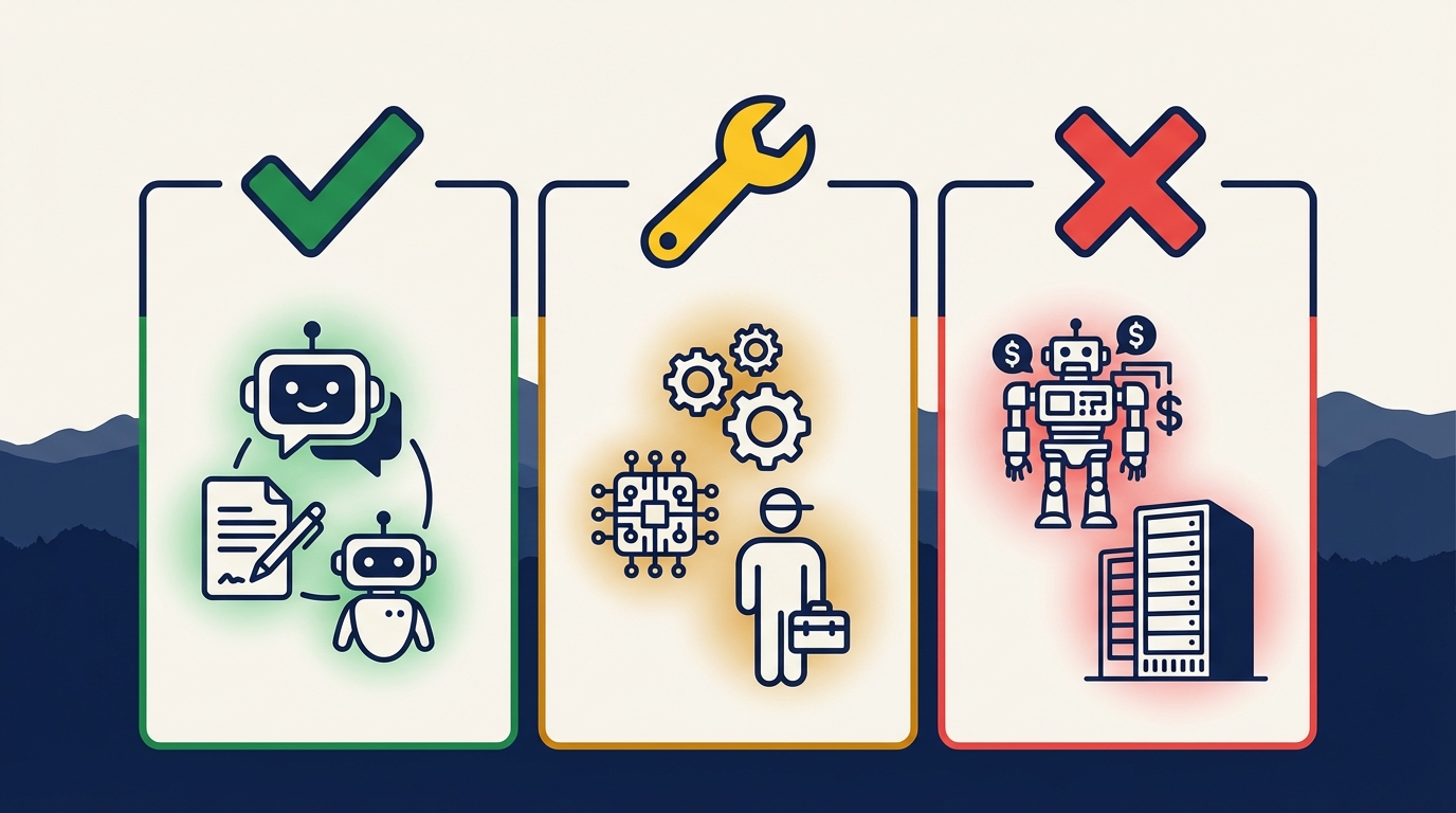 Small business AI budget decision framework showing buy, build, and skip categories