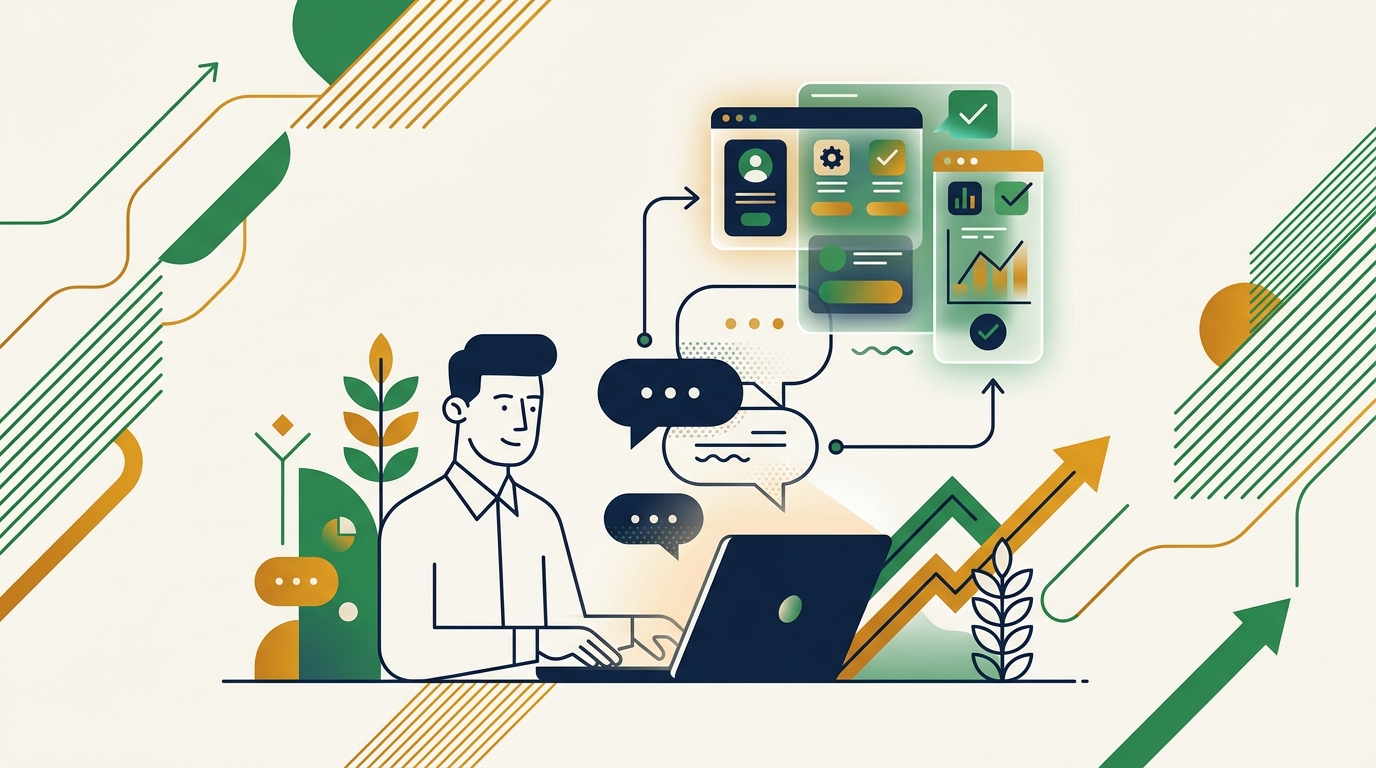 Illustration of a small business owner describing an app idea at a laptop as the interface assembles itself