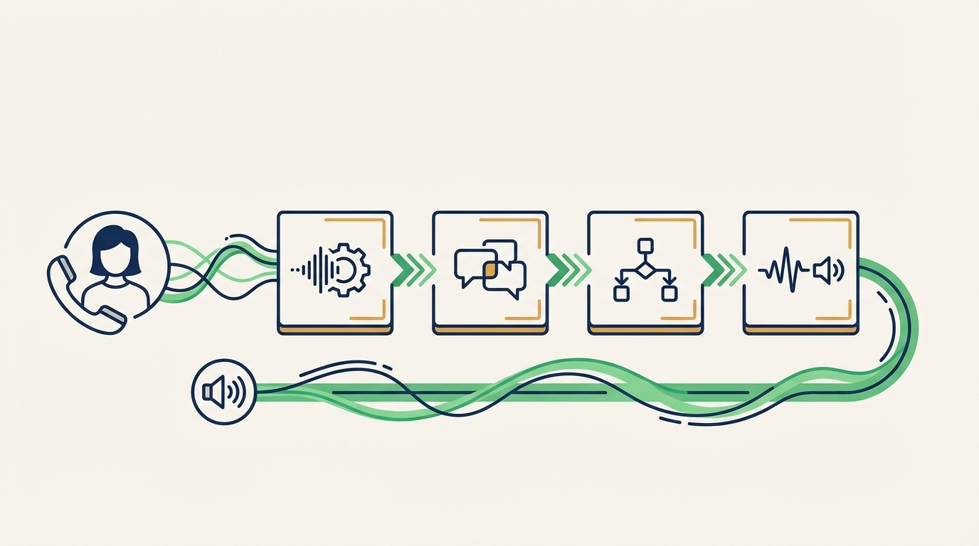 Diagram showing the voice AI pipeline: caller speaks, speech recognition converts to text, NLU extracts intent, dialog manager determines response, text-to-speech replies naturally